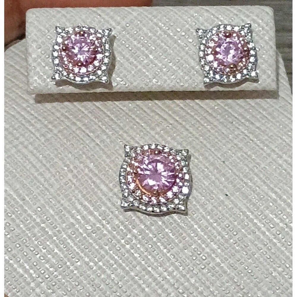 FZN Sterling Silver 925 Pink Clear Cubic Zirconia Earrings Pendant Set